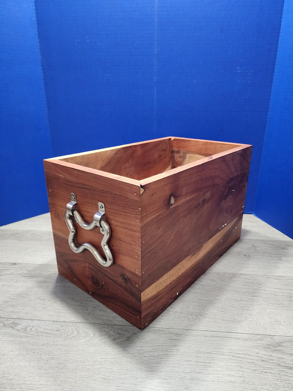 Rustic Rectangle Wooden Open Storage Box with Chrome Dog Bone Style Handles